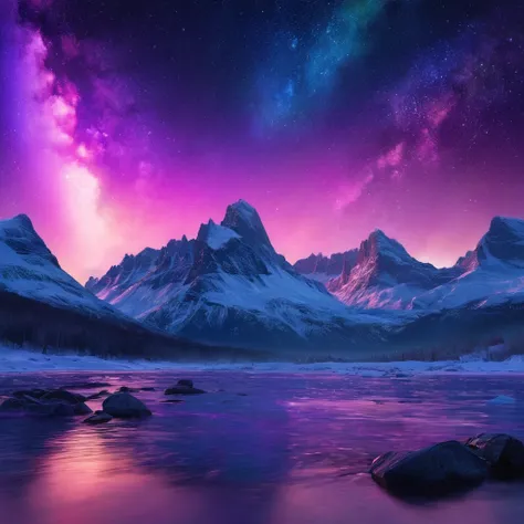 (best quality,ultra-detailed,highres:1.2),vibrant and colorful,create a scene at night,night sky full of Milkyway and aurora borealis,large full moon,otherworldly night,impressive visuals,dazzling spectacle,meticulous attention to detail,the stars brillian...