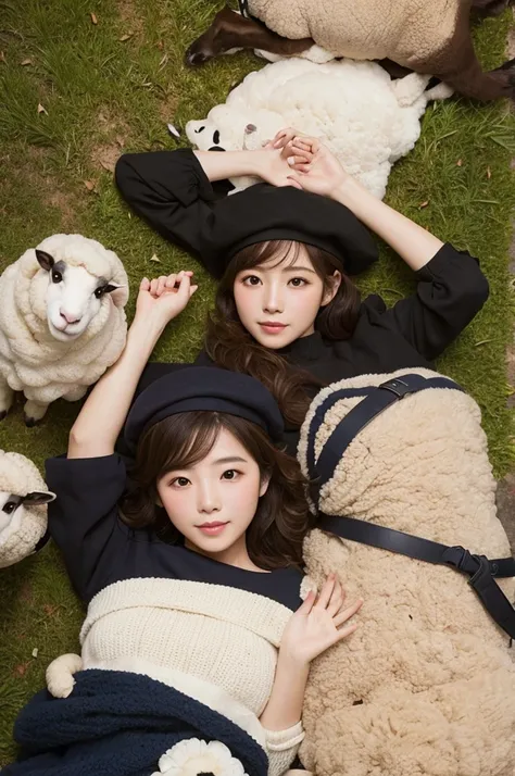  one shepherd wearing a beret 、One sheep on the side 、 is lying down with their hands raised side by side