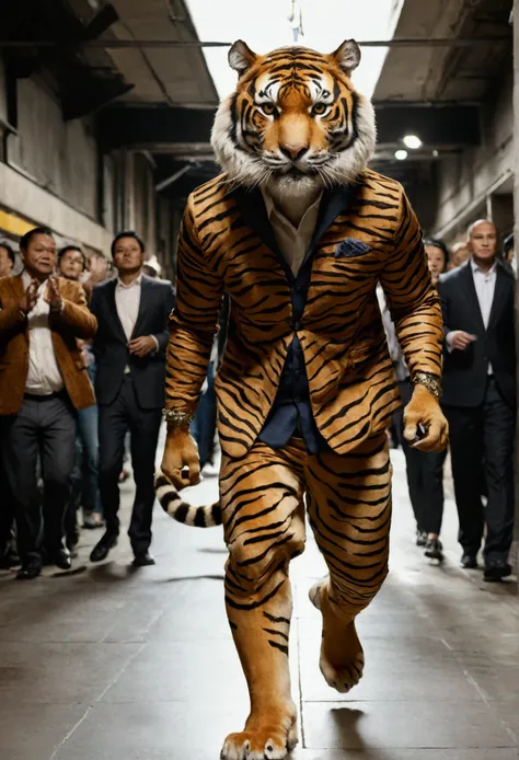 A full-length, ultra-realistic photo, seen from below, of an anthropomorphic tiger, with tiger skin and with clothes . 
He walks in the midst of a crowd like a human.