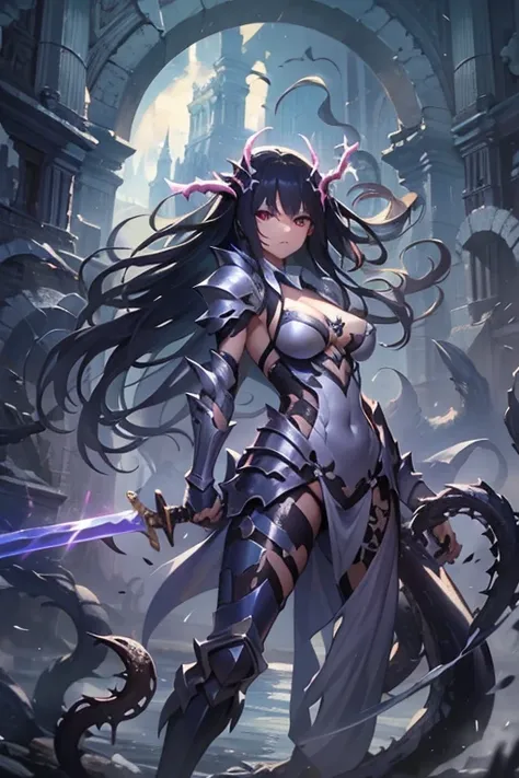  She Wearing silver armor with detailed decorations 、 The overall atmosphere is a mixture of tension and beauty 。 Ruins with a series of collapsing arches and giant columns spread out 、Holding a shining magic sword 。Long hair swaying in the wind、 holding a...