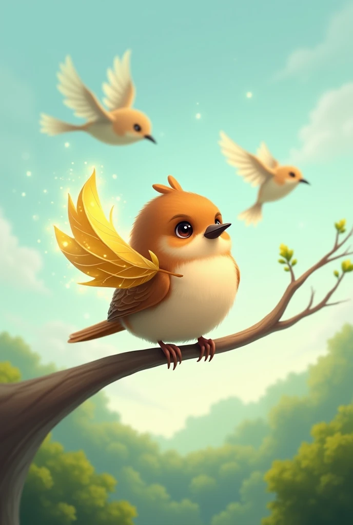  Crue a magical cartoon style cartoon of  "" A small sparrow of brown feathers is perched on a thin branch ,  with a shiny golden leaf attached to their wings .  He looks at the horizon , looking hesitant,  while the leaf emits a magical glow that contrast...