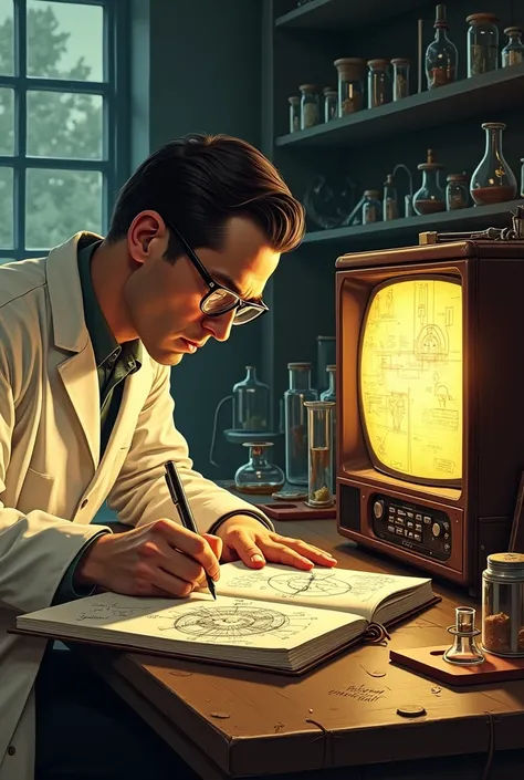 Draw a scientist from the 40s drawing sketches of a color television in a notebook 