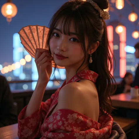  Create an image of enchanting Japanese beauty , Sensory settings .  shes in a luxury store ,  late-night Tokyo rooftop party ,  under a dazzling neon sky .  Her costume is a modern arrangement of traditional kimono.,  Tailoring that accentuates her elegan...