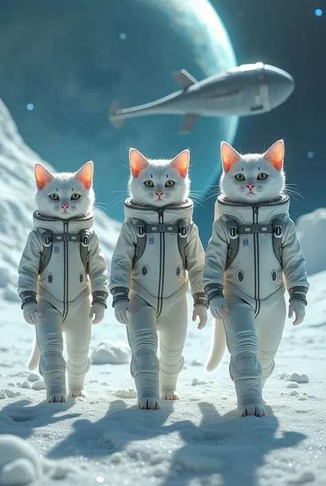 3 chattes blanches avec des combinaisons spatiales et un vaisseau spatial marchant à la surface de Mar.