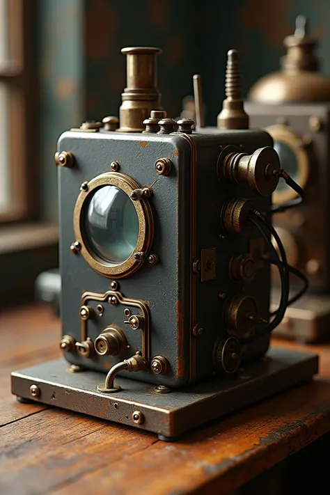 A detailed close-up of the Image Dissector, a boxy, metallic device with tubes, wires, and a glass lens, sitting on a wooden table surrounded by 1920s-era equipment."
