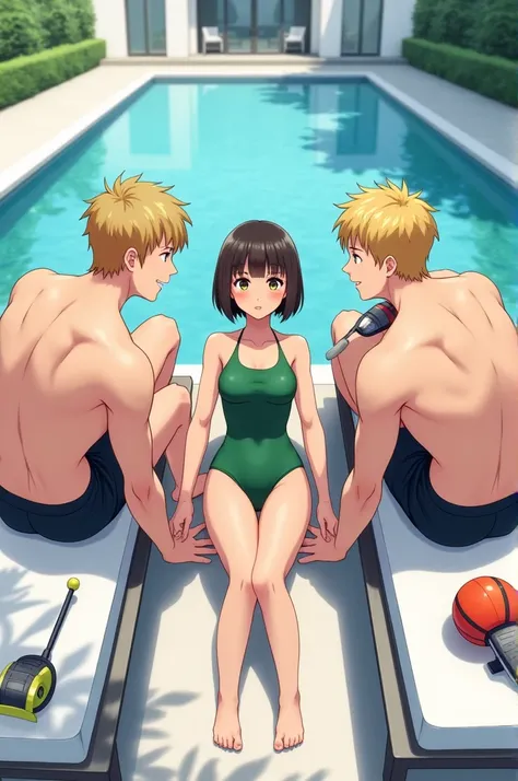 Young girl with short connected brown hair wearing green two piece swimsuit is skinny, holding hands of young guys with closed blond hair who have different equipment, and no shirts are muscular together, who are at the devices on the sun loungers in the w...