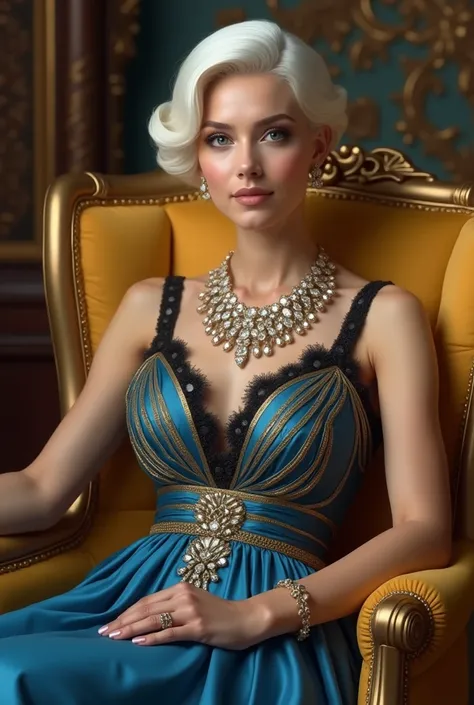 a young smiling woman with short well combed white hair blue elegant dress with gold details and black lace  with jewels on the neck and hands in a luxury room siting in a golden armchair