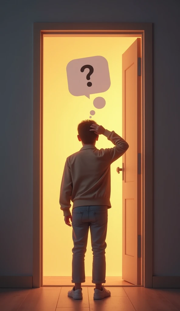 A person standing at the doorway of a modern, well-lit room, looking confused with a thought bubble above their head showing a question mark. The scene should feel relatable and comedic, with the person scratching their head. Use soft lighting to create a ...