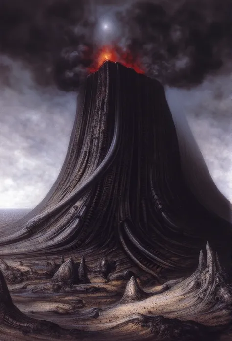 Create a dramatic and surreal landscape dominated by a towering volcanic mountain. The mountains peak is engulfed in fiery lava, and dark, ominous clouds billow from its summit. The sides of the mountain are intricately carved with numerous tentacle-like s...