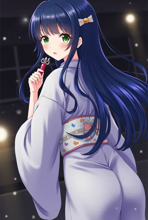 ( masterpiece ,  best quality ,  highres icon:1.4), Wallpaper,  Whole Body , 1 girl, Long hair, (Blue hair:1.0), (Black hair:1.0), Green eyes, Multicolored hair, I&#39;m coloring it.,  small breasts, Turning to the side, , Yukata set ,  is holding a party ...