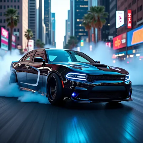 high quality, 8K Ultra HD black  with blue screening dodge charger SRT in Los Angels drifting and blue smoke coming out of the tires 