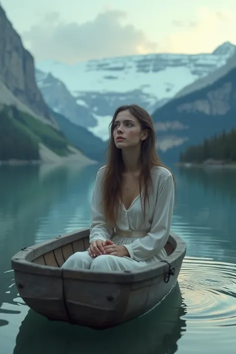 A beautiful girl tears in eyes sitting in a boat in the river with mountains around 