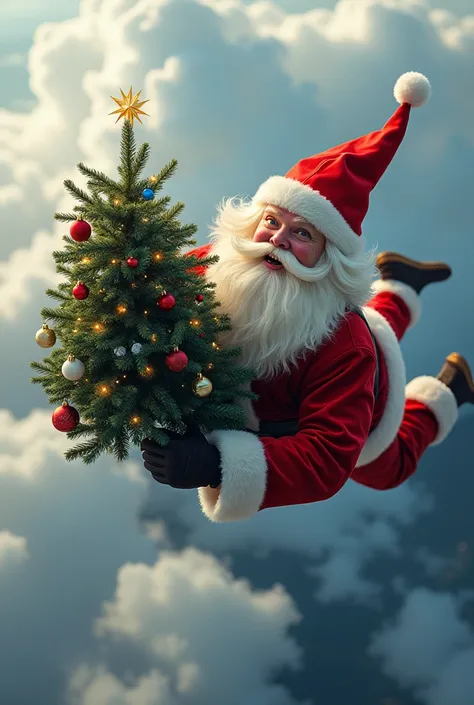 Santa Claus skydiving with Christmas tree

