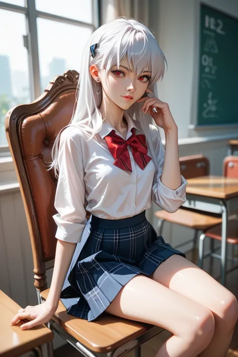 schoolgirl from evangelion:  white hair,  red eyes, Skinny and fragile body , sits on a chair