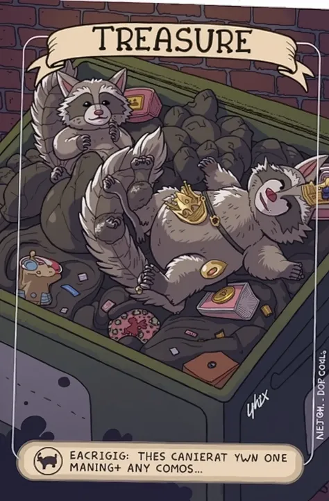 Two cartoon style racoons, laying down on a big and full trash bin. The racoons are enjoying the contents of the bin, one of them is wearing a crown for he is the king of this trash treasure. The idea is to display that for the racoons this is a treasure, ...