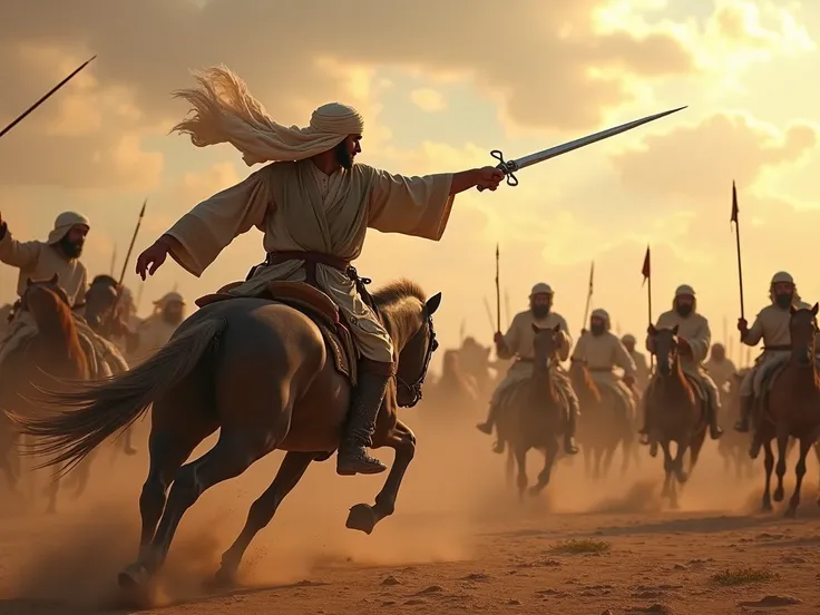 A dynamic action scene on the battlefield, where Umar (RA) is seen engaged in fierce combat with the Quraysh soldiers. His sword is raised, striking down an enemy, showcasing his bravery, strength, and strategic prowess in the midst of the battle.