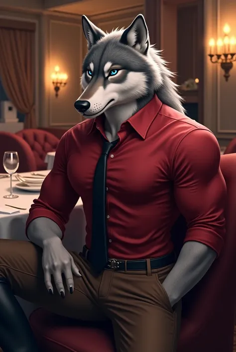 Furry art, A handsome young furry wolf man, slightly athletic, blue eyes, grey and white fur, wearing a red button up shirt, black tie, brown slacks, black boots, black belt, soft blush, nice restaurant background, 