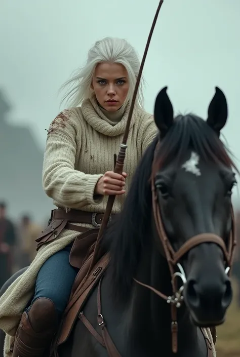  white-haired young woman with a tight black denim boot and a white dress sweater inside her pants,  with clothes and pale skin soiled with dirt and blood .  On top of a beautiful black horse while aiming your bow and arrow at someone. In the middle of a w...