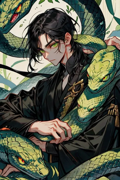 Man with black hair, green eyes, black giant snake, cheerful clothes, calm, 30 years old, slender, snake-like eyes