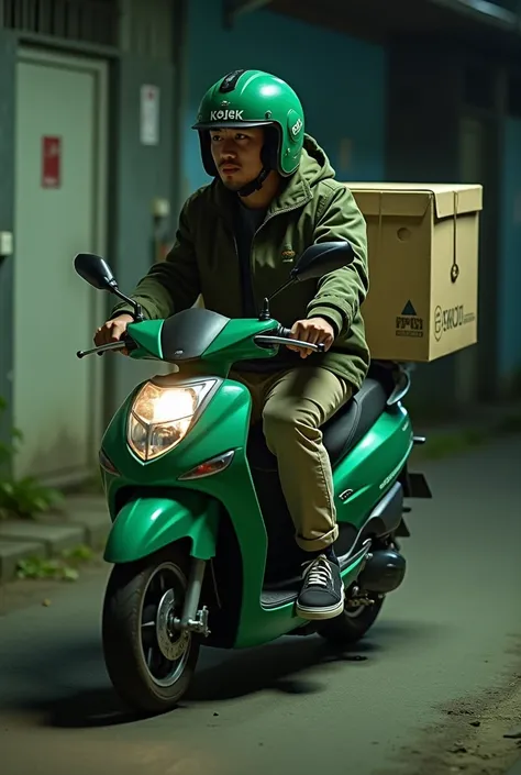 Japanese man, 20 years old, green (open helmet) with (Kojek) written on it,Army green parka jacket,Formal trousers in beige brown,black sports shoes,Riding a green automatic motorbike with two large courier box bags attached to his motorbike,The background...