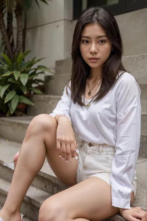 araffed woman sitting on steps with a purse and a necklace, cindy avelino, beautiful mexican woman, beautiful asian girl, violet myers, casual pose, 2  female model, asian girl, gorgeous young korean woman, sexy look, 18 years old, 2 , cute young woman, se...