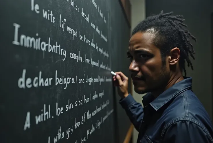 a handsome black man, teacher writing with chalk on the blackboard , are writing on a blackboard " Verb is a grammatical class that expresses actions ,  States ,  natural phenomena or other facts , localizando-os no time.  Verbs flex in person , Number, Mo...