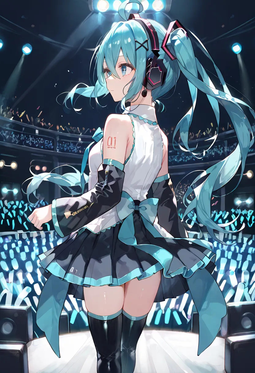 score_9, score_8_up, score_7_up, 1girl, solo, miku hatsune, ahoge, aqua hair, crossed bangs, hair between eyes, hair ornament, h...