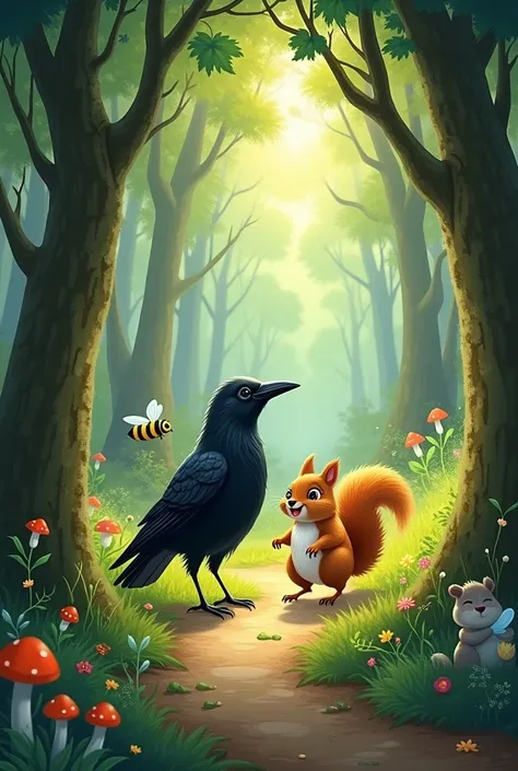 Cover of a story where a crow, a bee, a squirrel appears walking in the woods 