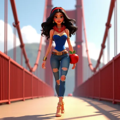 Create a vibrant 3D Disney-Pixar style image of Snow White reimagined as a modern fashionista. She walks confidently on the Golden Gate Bridge, with her stylish open-toe high-heeled sandals subtly shimmering under the bright California sun. Her iconic look...