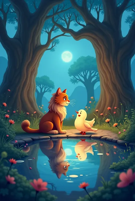  Crue a magical cartoon style cartoon of An Enchanted Forest at dusk,  with a magic puddle in the center , reflecting not the sky ,  but images of a lion and a bird .  A cat with a soft coat and curious eyes stands in front of the pool ,  trying to imitate...