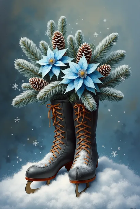 A hyperrealistic airbrushed oil painting style image of french military helmet of the first world war , with flocked pine branches, pinecones in them, and blue and silver poinsettias coming out the top of them, sitting on a small mound of fluffy snow, with...