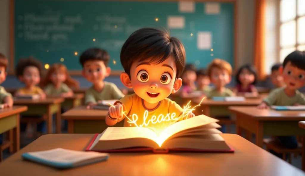 Prompt:** A Pixar-style animated classroom filled with diverse, cheerful s sitting at colorful desks. A young , with wide eyes and a curious smile, is shown opening a magical book. As the book opens, sparkling words “Please” and “Thank You” float out, glowing in soft golden light. The room lights up with a magical aura, and other s watch in awe, their faces glowing from the light.  