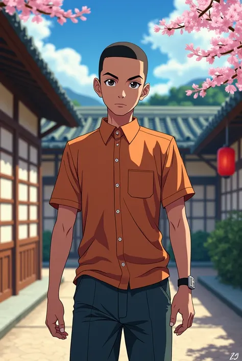 In an anime, I created a young brown man with a buzz cut haircut at Japanese school