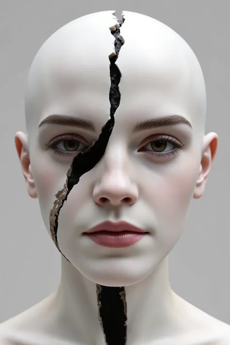hyperrealistic photo of Emma Watson as lifelike porcelain head with one large crack down the center of her face and small splinter cracks coming off of the main crack. The inside of her head is void and pure black. Her eyes stare hauntingly at the viewer.