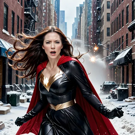 Heroine, superheroine, woman in her 30s, brown hair and long mane, black dress, red cape and red lightning coming out of her hands {{Scene - New York, all the buildings are broken and she is fighting in the snow against the bad guys}}