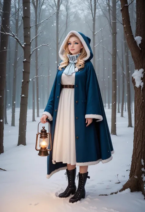 Create a Whimsical, Full body, pretty lady, blonde wispy, hair blue eyes, silver/blue snow cloak, with white hood fleeced collar white satin laced boots, shes holding a lantern, illuminating a magical snowy forest, winter atmosphere, with soft snow falling...