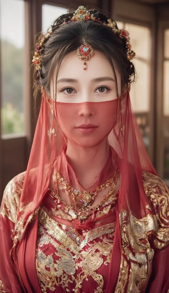 young asian woman,chinese woman,wearing a traditional chinese wedding dress, full body,veil face chain chain mask girl