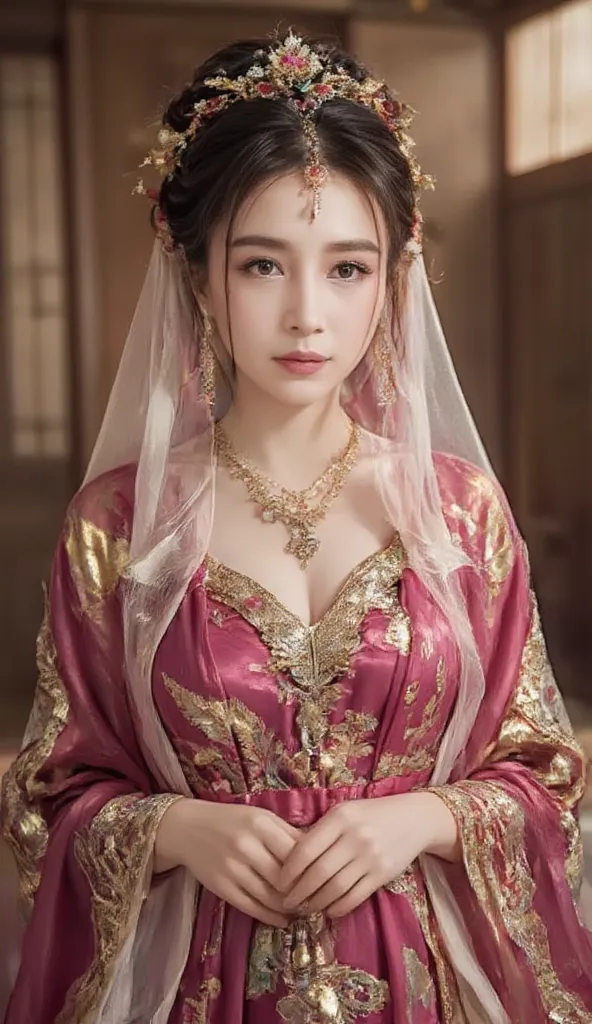 young asian woman,chinese woman,wearing a traditional chinese wedding dress, full body,veil face chain chain mask girl