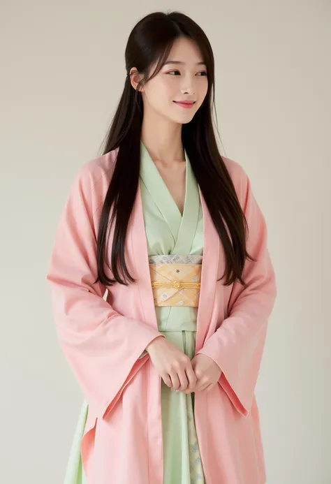 A photorealistic image of a young East Asian slender woman wearing a traditional outfit. She is smiling and dressed in a light pink haori (a traditional Japanese jacket) with a geometric diamond pattern, worn over a kimono. The kimono underneath is light g...