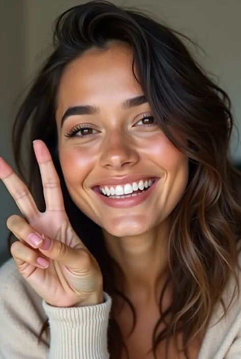  Basic Instagram profile photo of a white girl A little pale with black hair and honey-colored eyes, while smiling and making the peace symbol with her fingers. Being in his room a little far from the camera. The girl must have a Latin American appearance 