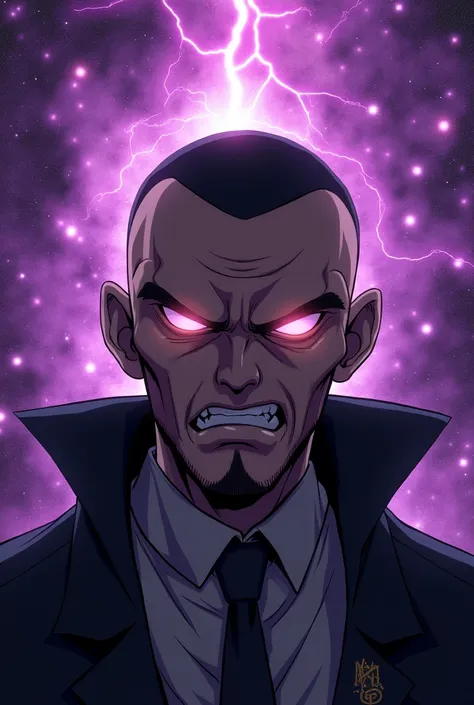  In the anime Create the face of a very strong villain in purple outer space. With Buzz Cut Hair 