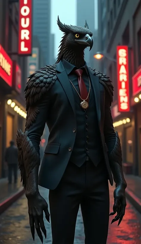 A hyper-realistic depiction of a gangster hawk-human hybrid with a lean, muscular humanoid body, partially covered in sleek, dark feathers along its shoulders, arms, and upper chest. The figure has a hawk-like head with a sharp, hooked beak, intense golden...