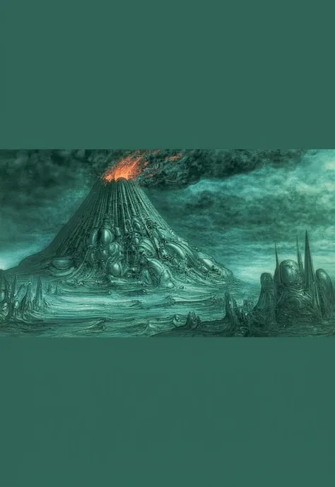 Create a dramatic and surreal landscape dominated by a towering volcanic mountain. The mountains peak is engulfed in fiery lava, and dark, ominous clouds billow from its summit. The sides of the mountain are intricately carved with numerous tentacle-like s...