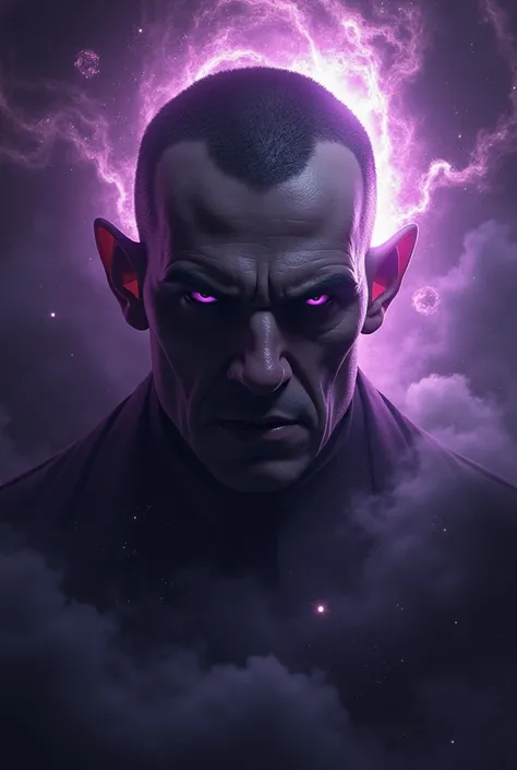 In the anime Create a villains face with a very strong aesthetic face in purple outer space. With Buzz Cut Hair 