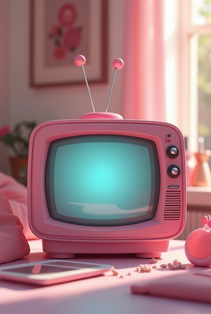 a pink box tv, old style, close up and facing forward to the screen, the background should be blurry but its a girly room, the tv placed on a table with makeup laid around 