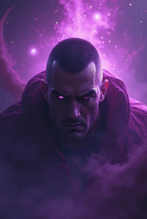 In the anime Create a villains face with a very strong aesthetic face in purple outer space. With a buzz cut hair against a very strong hero