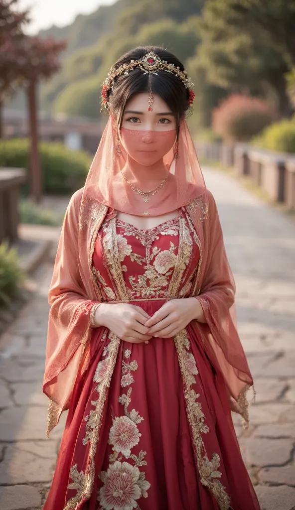 young asian woman,chinese woman,wearing a traditional chinese wedding dress, full body,veil face chain chain mask girl