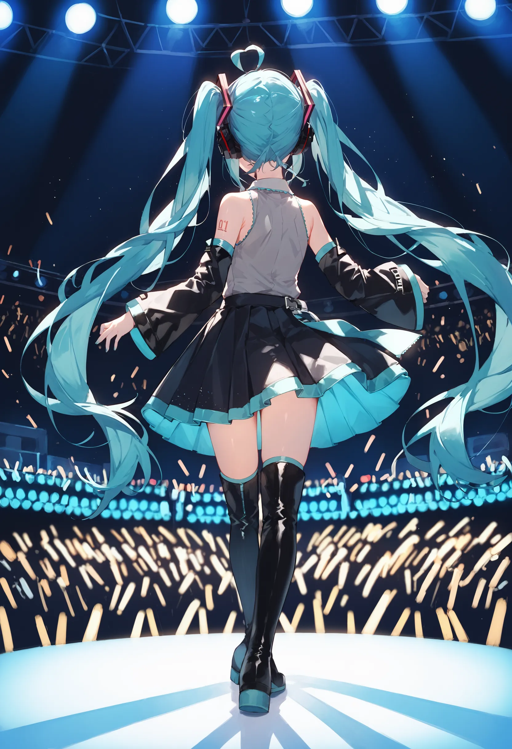 score_9, score_8_up, score_7_up, 1girl, solo, miku hatsune, ahoge, aqua hair, crossed bangs, hair between eyes, hair ornament, h...