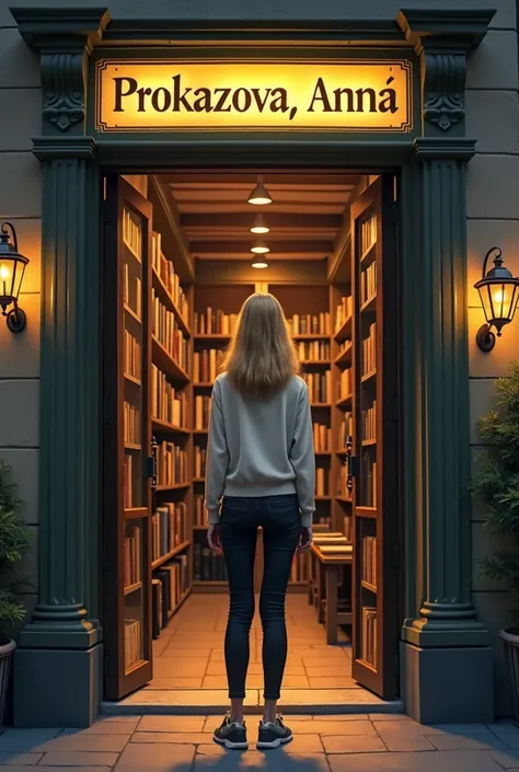  A sign with the name of writer Venkova Anna hangs above the entrance to the library. The writer herself stands in front of the entrance with her back turned to us , . She is 24 years old and has dark blond hair up to her shoulder blades and a thin build