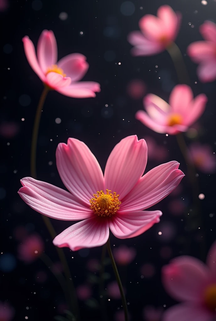 Pink cosmos petals are flying in outer space